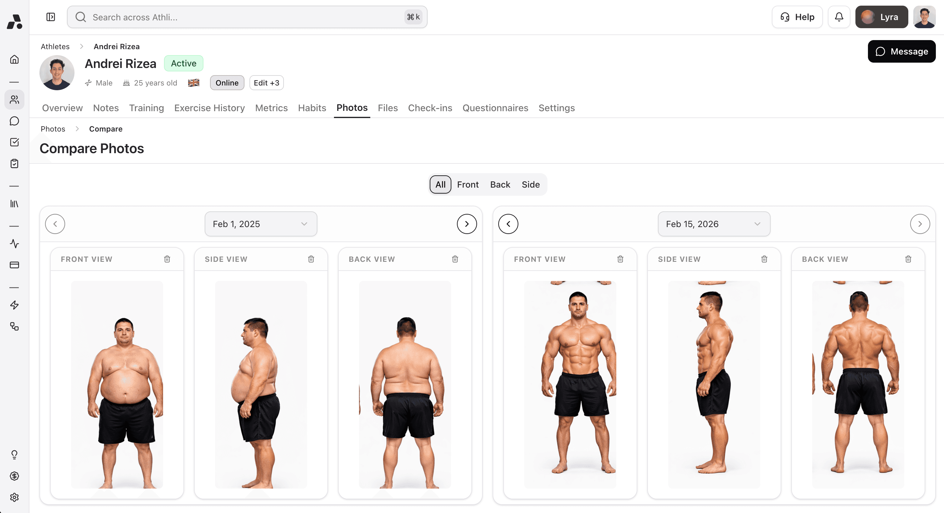 Athli Progress Photos — Visual progress your clients can see and feel